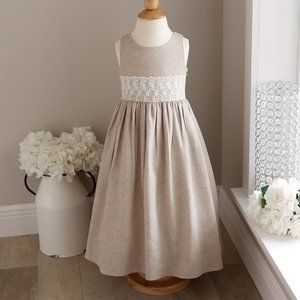 Linen Dress Girls Flax Bailey Boys Boutique Vintage Lace Trim LIKE NEW